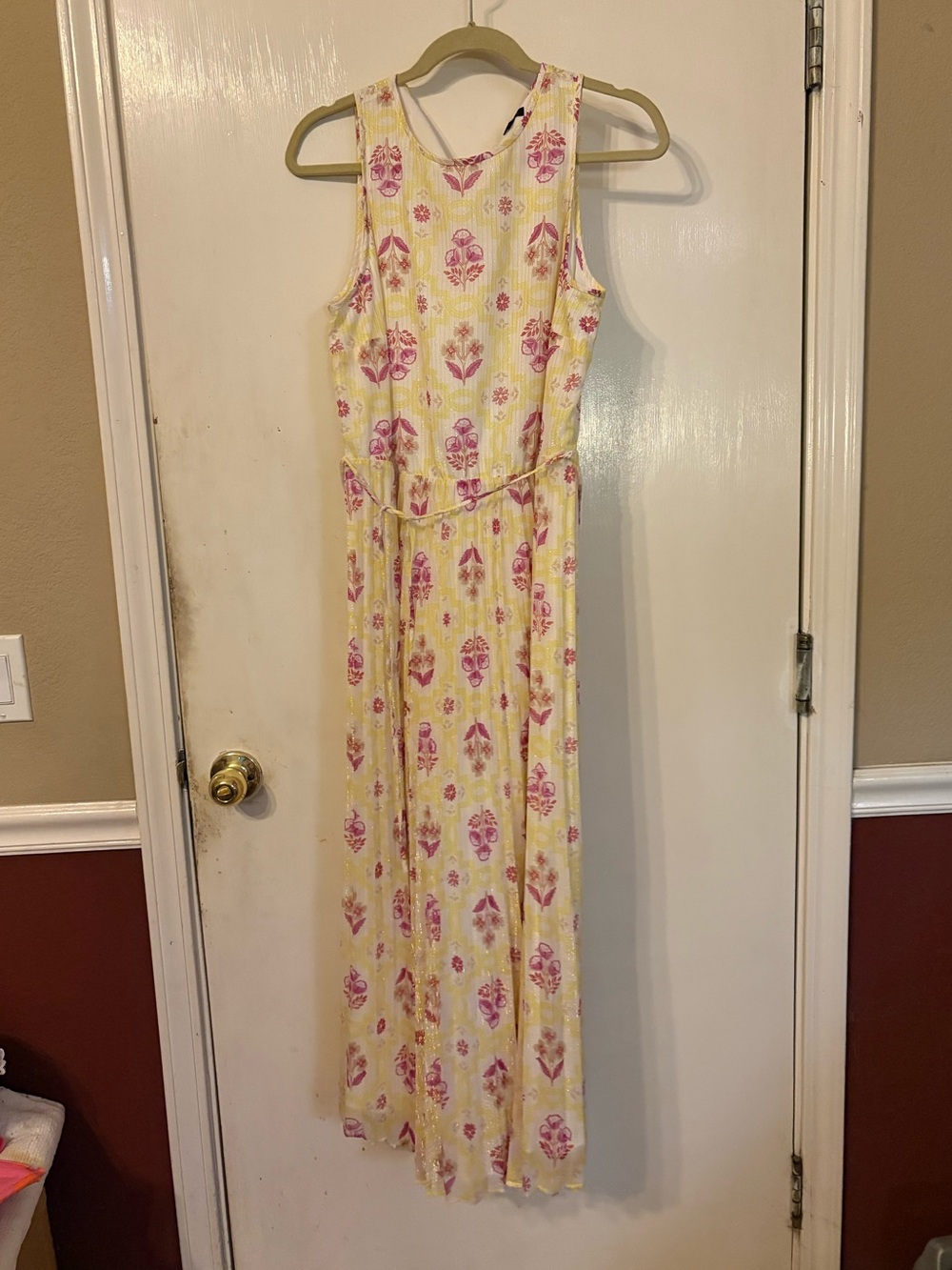 Ann Taylor Yellow Maxi Sleeveless Dress with Pink Floral Print Size 12